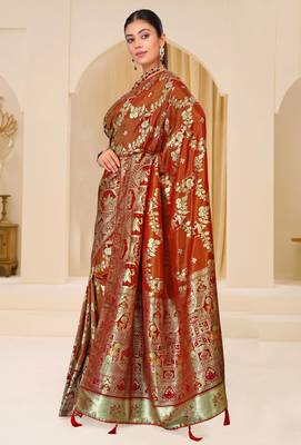 Rust brown gold zari weaving zari tissue silk saree with blouse 2