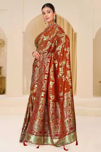 Rust brown gold zari weaving zari tissue silk saree with blouse