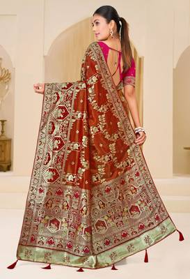 Rust brown gold zari weaving zari tissue silk saree with blouse 3