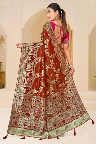 Rust brown gold zari weaving zari tissue silk saree with blouse