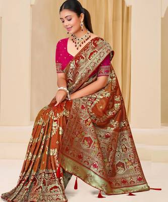 Rust brown gold zari weaving zari tissue silk saree with blouse 4