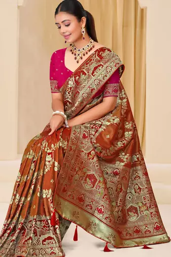 Rust brown gold zari weaving zari tissue silk saree with blouse
