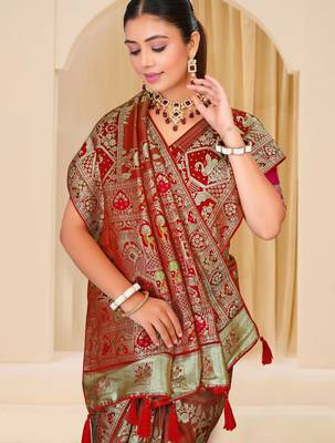 Rust brown gold zari weaving zari tissue silk saree with blouse 5