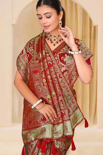 Rust brown gold zari weaving zari tissue silk saree with blouse