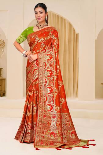 Orange gold zari weaving zari tissue silk saree with blouse