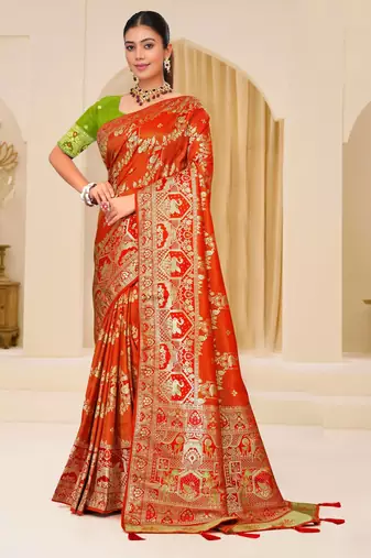 Orange gold zari weaving zari tissue silk saree with blouse