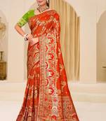 Orange gold zari weaving zari tissue silk saree with blouse