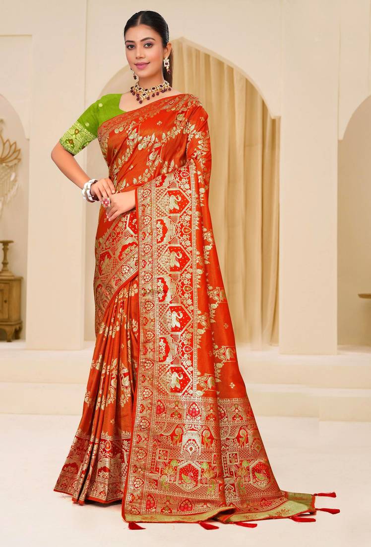 Orange gold zari weaving zari tissue silk saree with blouse