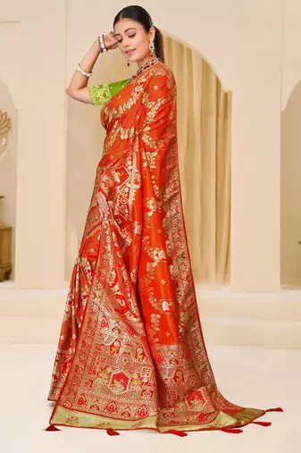 Orange gold zari weaving zari tissue silk saree with blouse