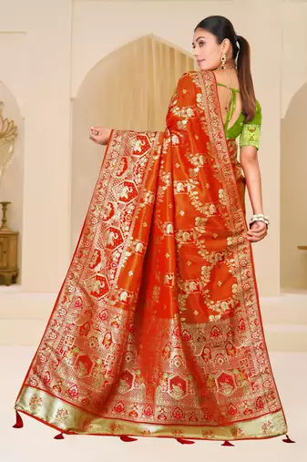 Orange gold zari weaving zari tissue silk saree with blouse