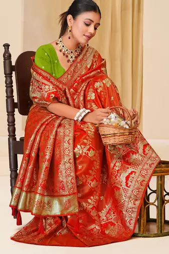 Orange gold zari weaving zari tissue silk saree with blouse