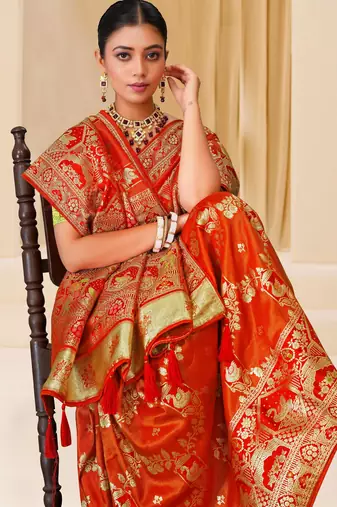 Orange gold zari weaving zari tissue silk saree with blouse