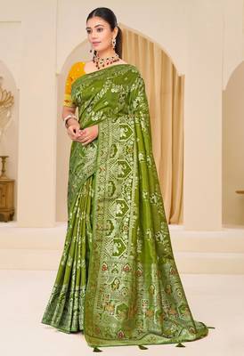 Olive green gold zari weaving zari tissue silk saree with blouse 1