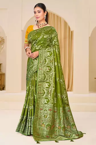 Olive green gold zari weaving zari tissue silk saree with blouse