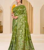 Olive green gold zari weaving zari tissue silk saree with blouse