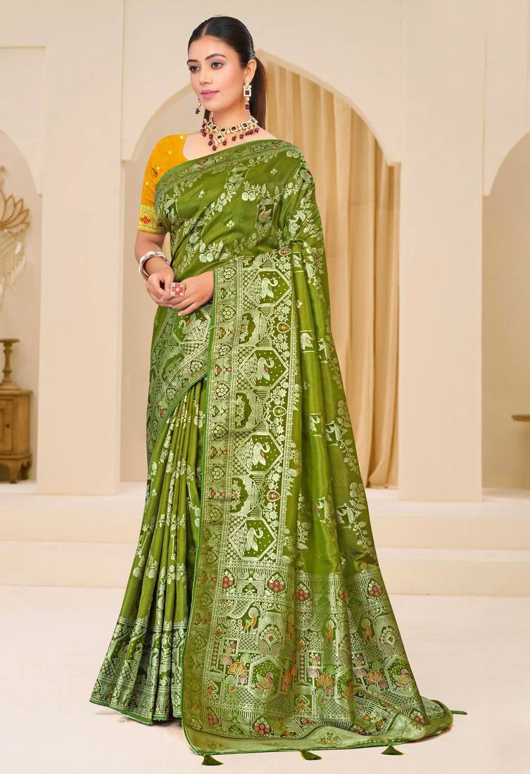 Olive green gold zari weaving zari tissue silk saree with blouse
