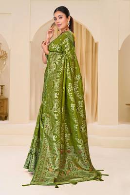Olive green gold zari weaving zari tissue silk saree with blouse 2