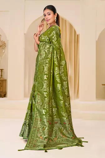 Olive green gold zari weaving zari tissue silk saree with blouse
