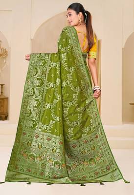 Olive green gold zari weaving zari tissue silk saree with blouse 3