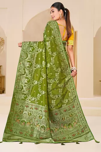Olive green gold zari weaving zari tissue silk saree with blouse