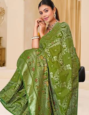 Olive green gold zari weaving zari tissue silk saree with blouse 4