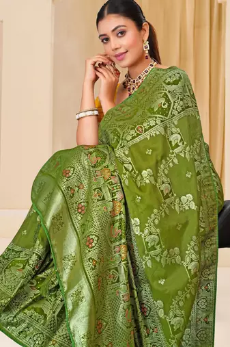 Olive green gold zari weaving zari tissue silk saree with blouse