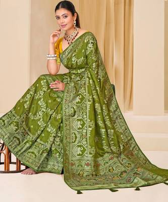 Olive green gold zari weaving zari tissue silk saree with blouse 5