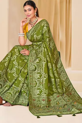 Olive green gold zari weaving zari tissue silk saree with blouse