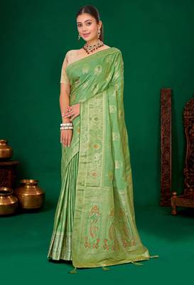 Mint green gold zari weaving zari tissue silk saree with blouse 1