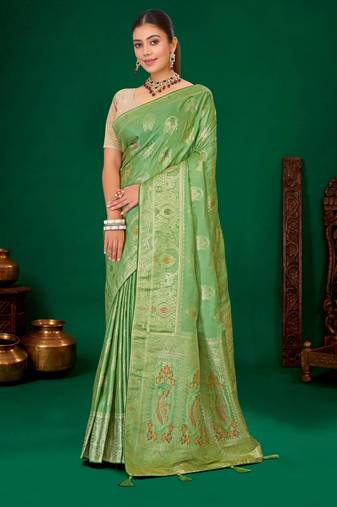 Mint green gold zari weaving zari tissue silk saree with blouse