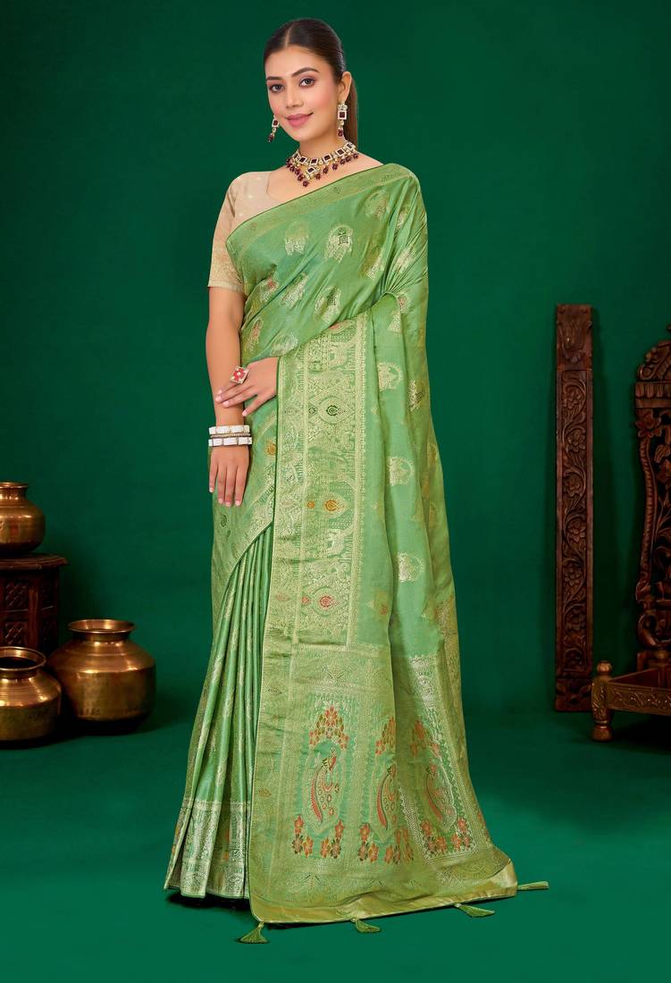 Mint green gold zari weaving zari tissue silk saree with blouse