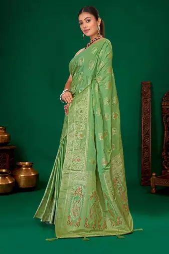 Mint green gold zari weaving zari tissue silk saree with blouse