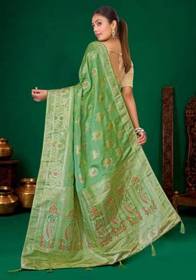 Mint green gold zari weaving zari tissue silk saree with blouse 3