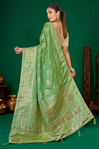 Mint green gold zari weaving zari tissue silk saree with blouse