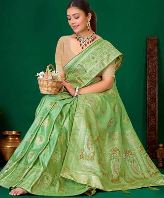 Mint green gold zari weaving zari tissue silk saree with blouse 4