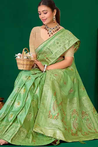 Mint green gold zari weaving zari tissue silk saree with blouse