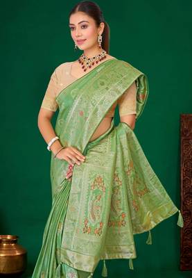 Mint green gold zari weaving zari tissue silk saree with blouse 5