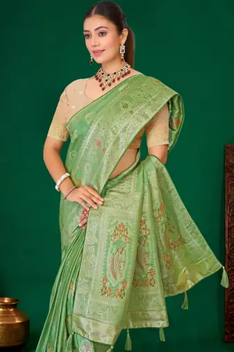 Mint green gold zari weaving zari tissue silk saree with blouse