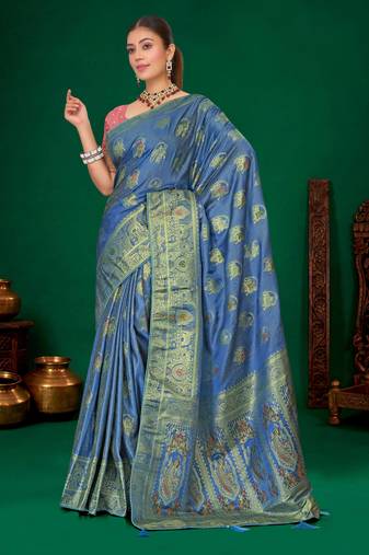 Steel blue gold zari weaving zari tissue silk saree with blouse