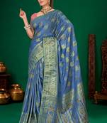 Steel blue gold zari weaving zari tissue silk saree with blouse