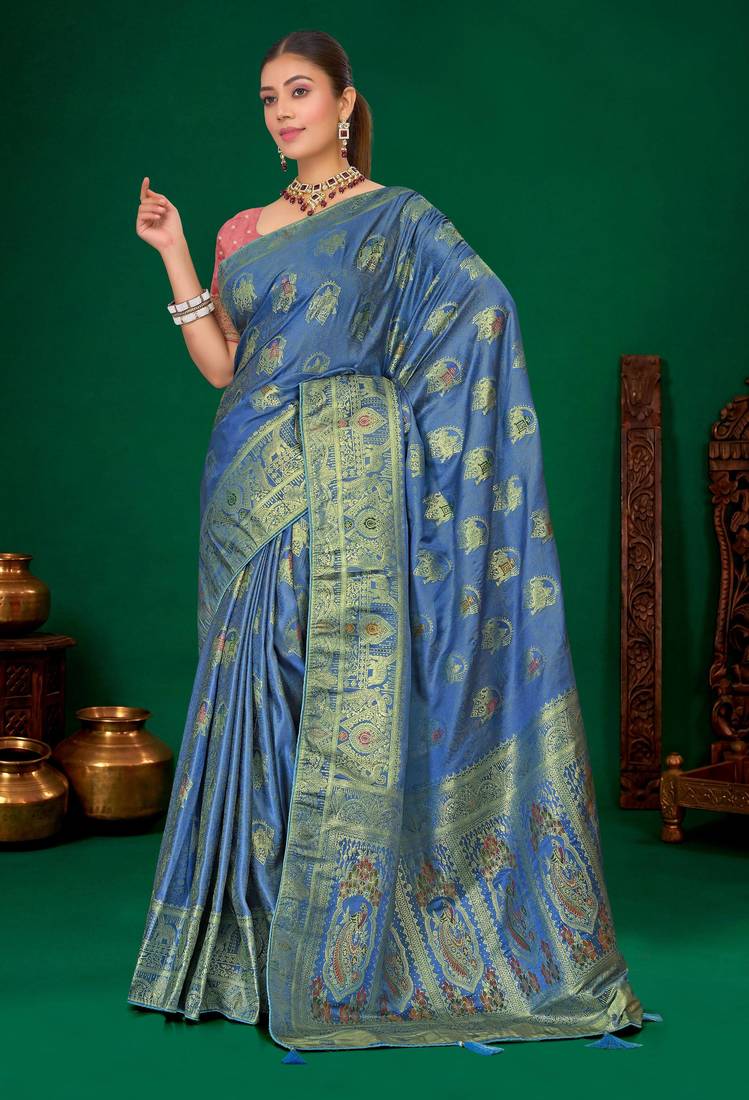 Steel blue gold zari weaving zari tissue silk saree with blouse