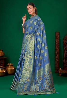 Steel blue gold zari weaving zari tissue silk saree with blouse 2