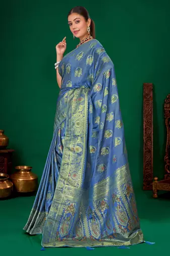 Steel blue gold zari weaving zari tissue silk saree with blouse