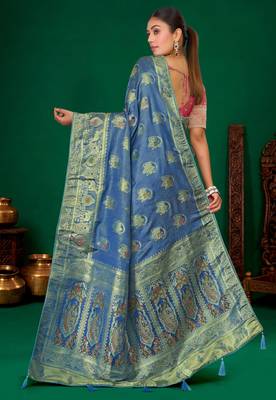 Steel blue gold zari weaving zari tissue silk saree with blouse 3