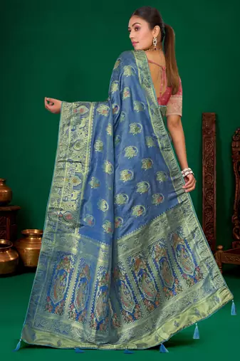 Steel blue gold zari weaving zari tissue silk saree with blouse
