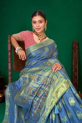 Steel blue gold zari weaving zari tissue silk saree with blouse 4