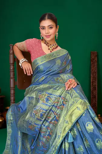 Steel blue gold zari weaving zari tissue silk saree with blouse