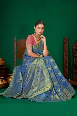 Steel blue gold zari weaving zari tissue silk saree with blouse 5