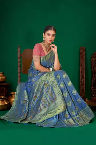 Steel blue gold zari weaving zari tissue silk saree with blouse