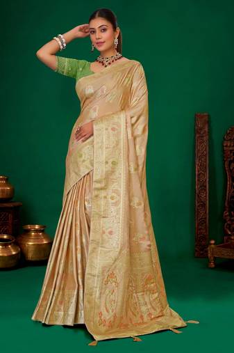 Beige meenakari zari weaving zari tissue silk saree with blouse